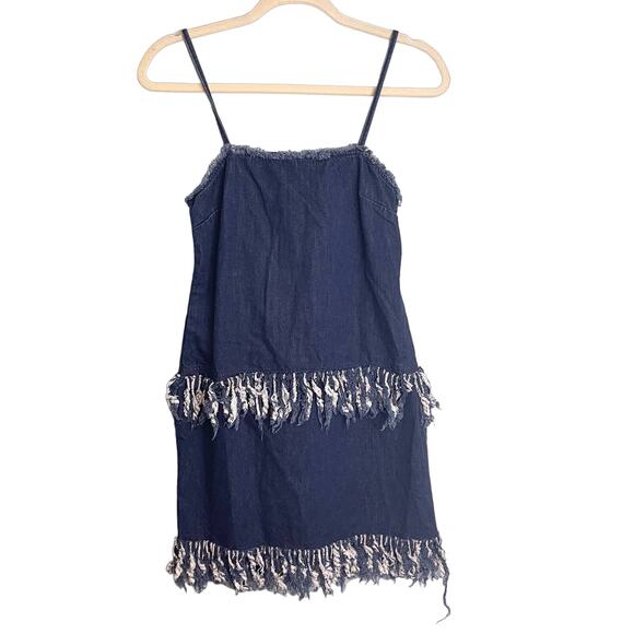 N/Nicholas Mini Dress Size 2 Blue Playful Denim Fringes Dark Wash Contemporary - Picture 2 of 10